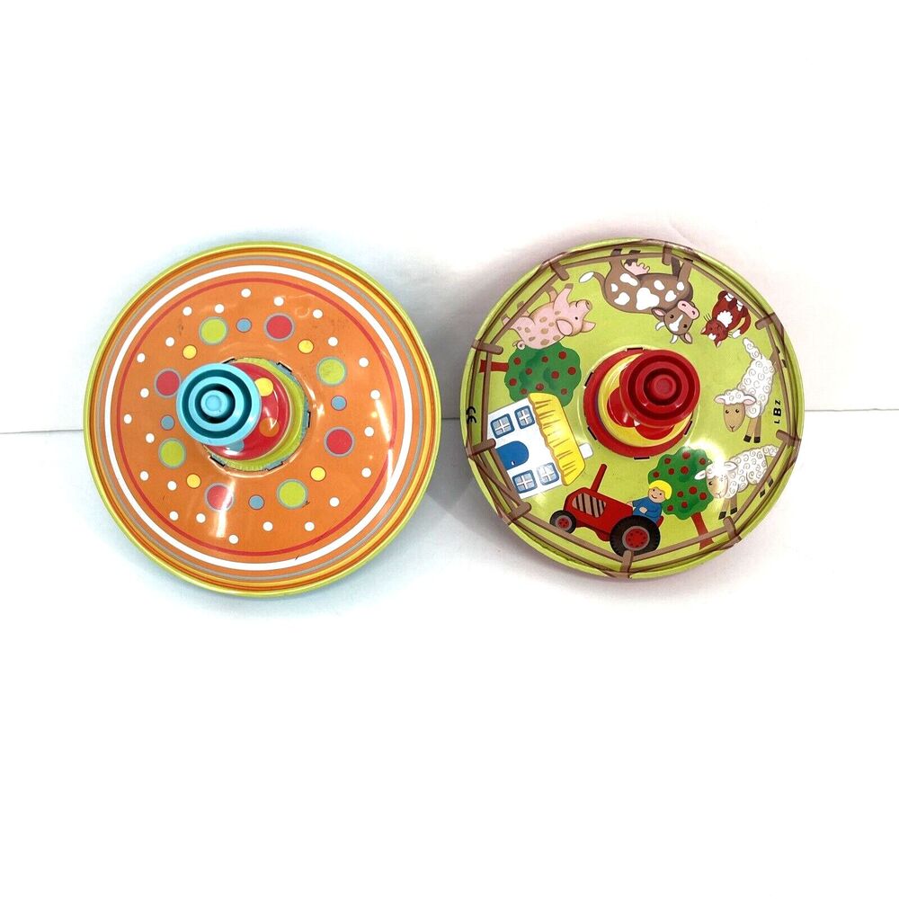 2 Tin Toy Spinning Tops Farm Scene Geometric 5" LBZ Lorenz Bolz Zirndorf *READ